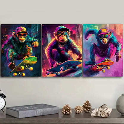 3pcs Monkey Skateboarding Triptych Metal Print Ready to Hang Art