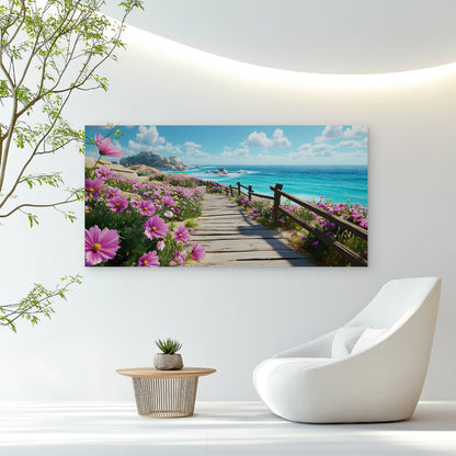 Seaside Walk Through Flowers Wall Art Canvas Office Home Room Framed 120x60cm