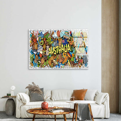 Australia Cartoon Doodle Map Collage Acrylic Glass Printing Wall Art Australian Made Quality