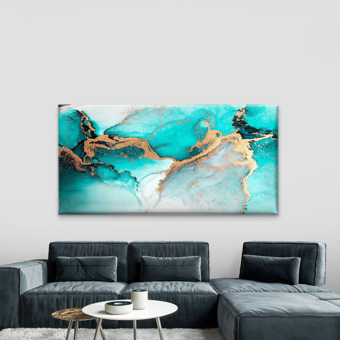 Ocean Blue Gold Marble Art Wall Art Canvas Office Home Room Framed 120x60cm