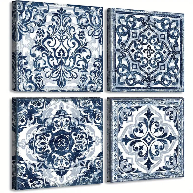 4pcs Navy Blue Floral Blue and White Patterns   Art Canvas Framed - Bella Home Decor