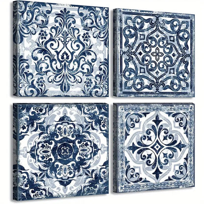 4pcs Navy Blue Floral Blue and White Patterns   Art Canvas Framed - Bella Home Decor