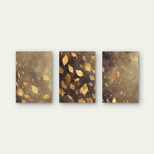 3pcs Gold Falling Leaves Autumn Brown Metal Print Ready to Hang Art