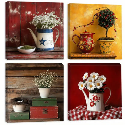 4pcs Red And White Accents Poster,Wall Art Canvas Framed