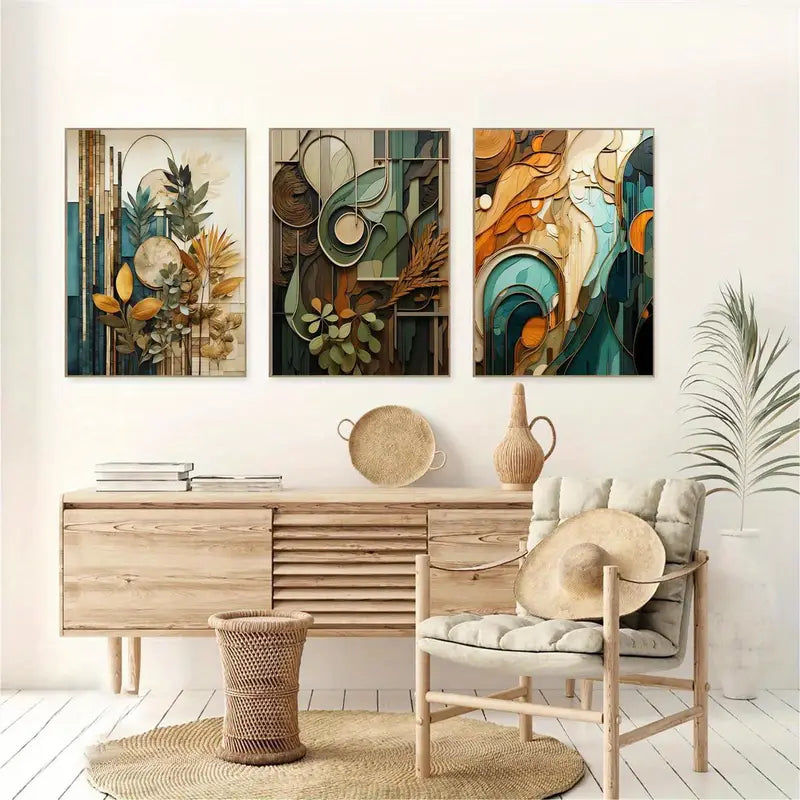 3pcs Boho Wood-Look Poster Metal Print Ready to Hang Art - Bella Home Decor