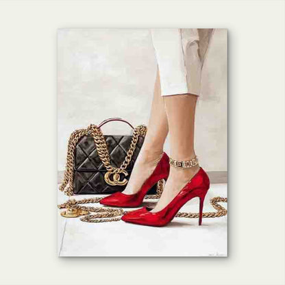 Red Heels, Golden Chain, Designer Bag Metal Print Ready to Hang