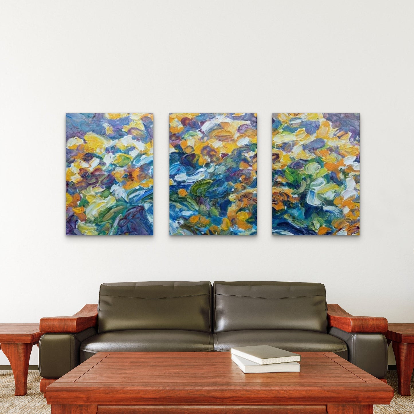3pcs Yellow Blue Abstract Floral Oil Painting Wall Art Set Canvas Framed 50x70cm - High Quality Print 100% Australian Made Wall Canvas Ready to Hang - Bella Home Decor