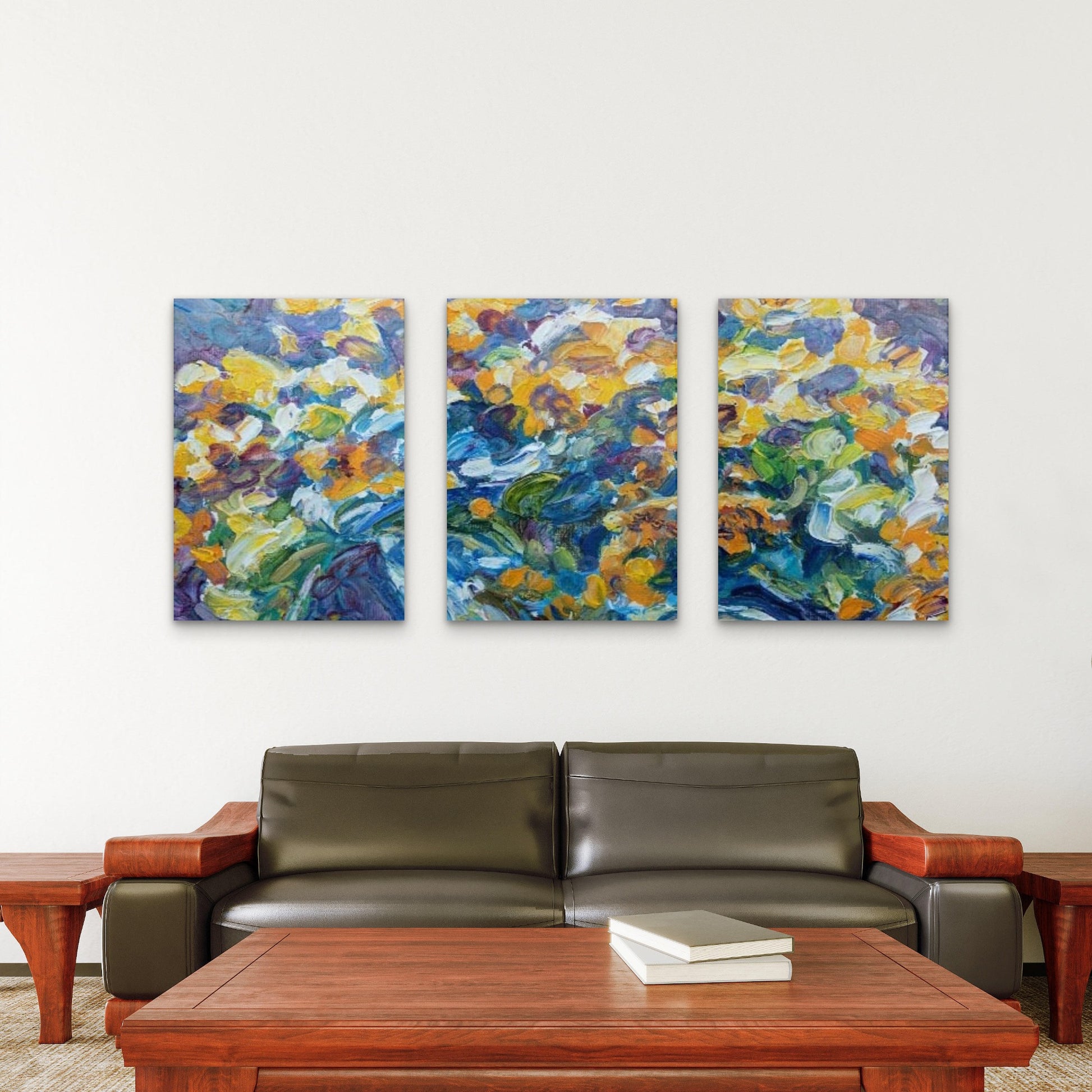 3pcs Yellow Blue Abstract Floral Oil Painting Wall Art Set Canvas Framed 50x70cm - High Quality Print 100% Australian Made Wall Canvas Ready to Hang - Bella Home Decor