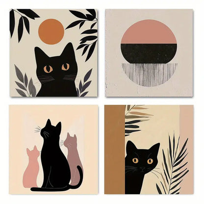 4pcs Boho Black Cat Wall Art Canvas Framed