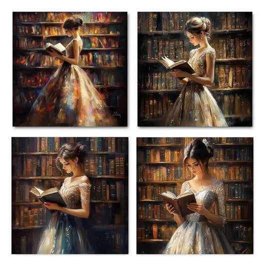 4pcs Elegant Woman Reading In Library Wall Art Canvas Framed