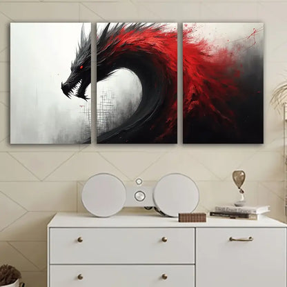 3pcs Black and Red Dragon Abstract Wall Art Set Canvas Framed 40x60cm - High Quality Print 100% Australian Made Wall Canvas Ready to Hang - Bella Home Decor