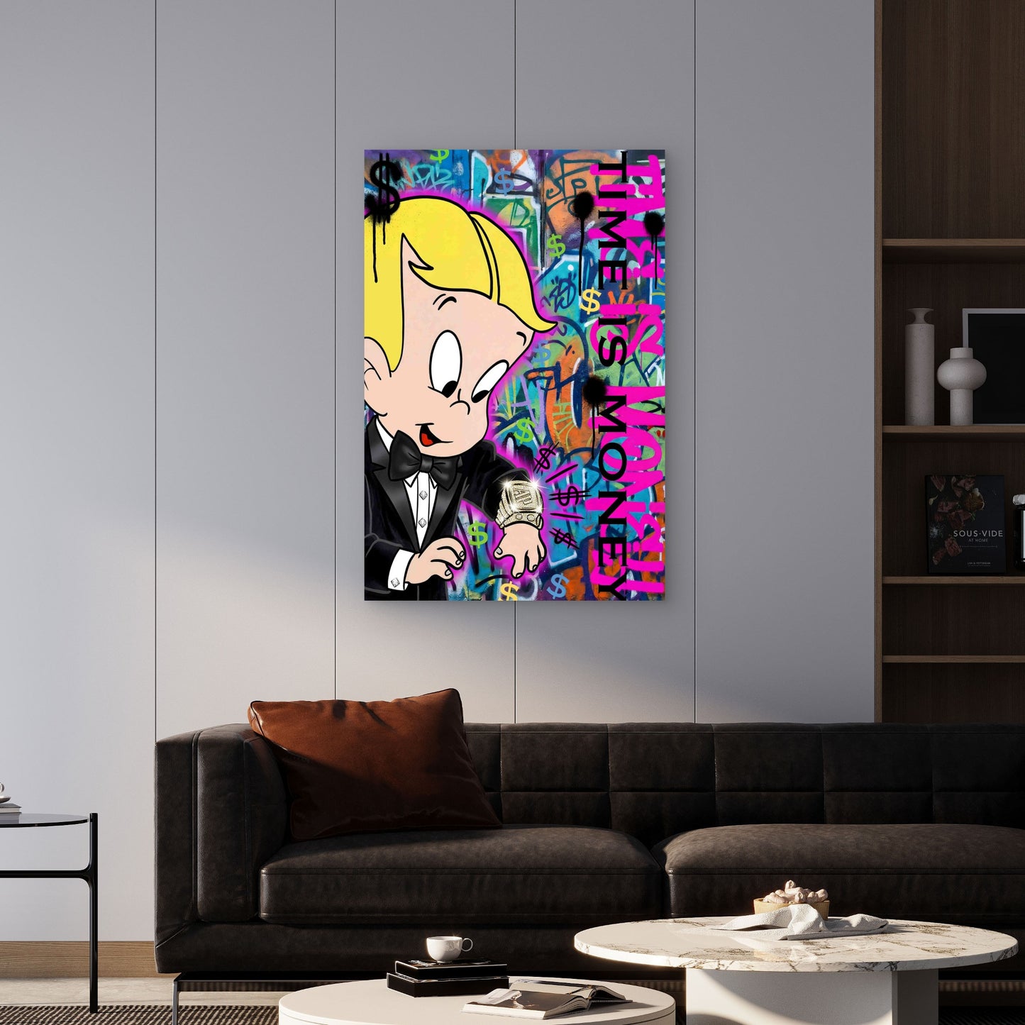 Rich Cartoon Boy Tuxedo Diamond Watch 60x90cm Metal Print Ready to Hang