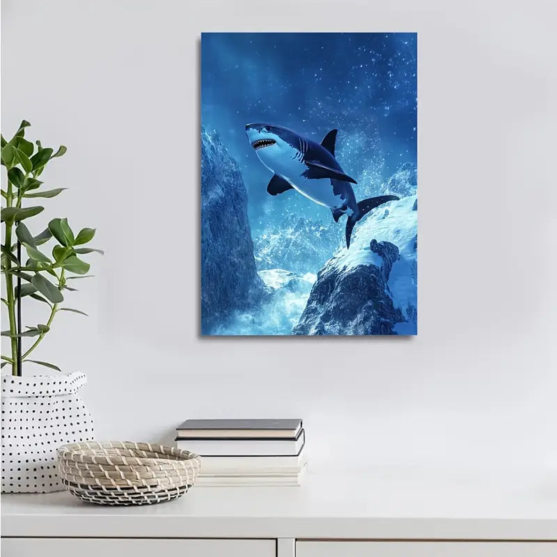 Vibrant Shark in Snowy Mountain Scene 40x60cm Metal Print Ready to Hang - Bella Home Decor