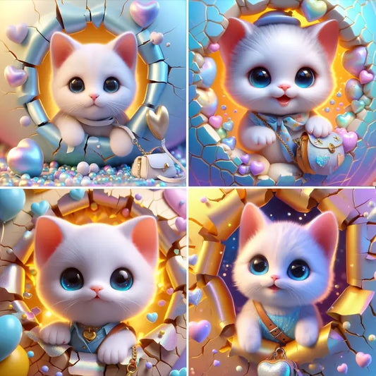 4pcs White Cartoon Kitty Wall Art Canvas Framed