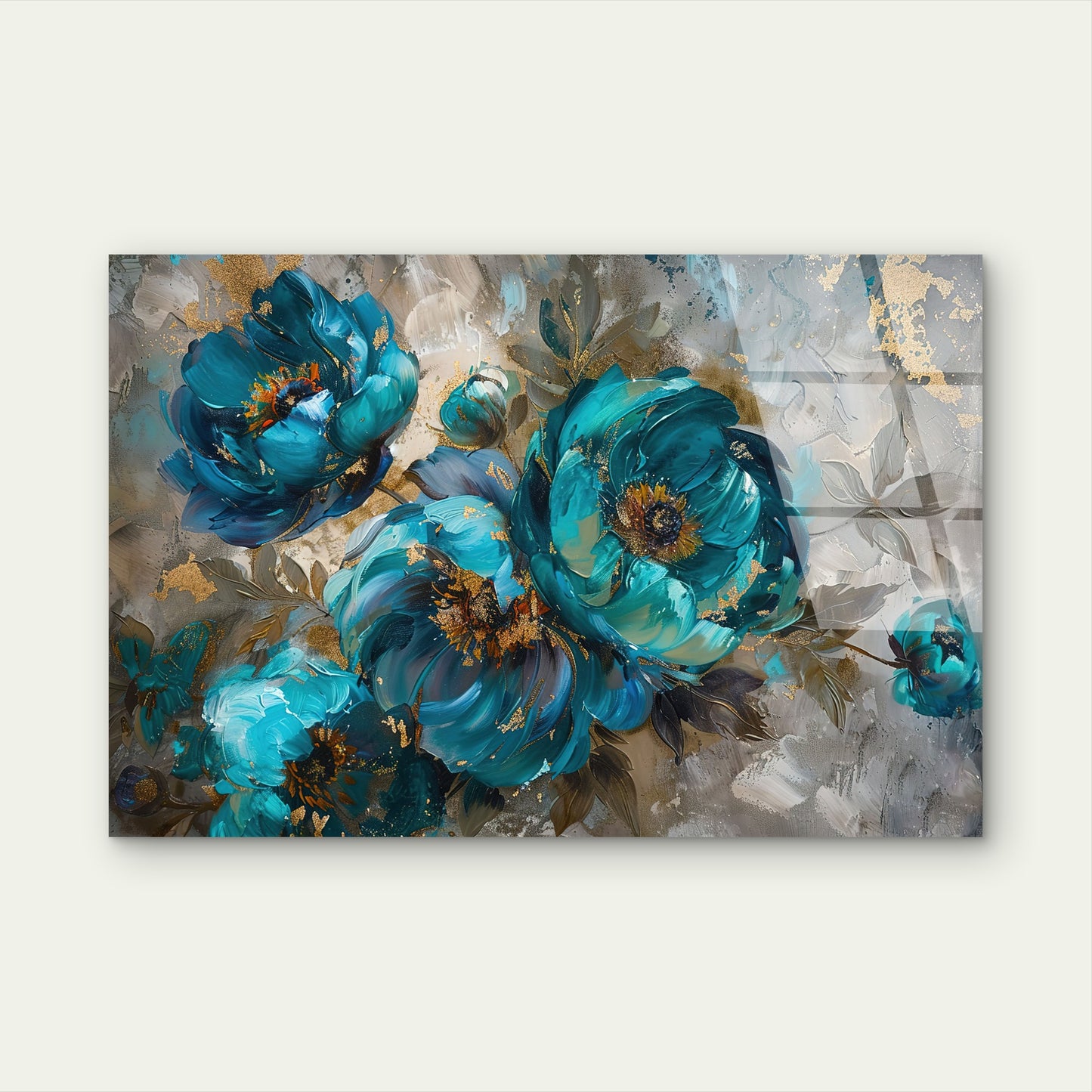 Abstract Teal Blue And Gold Peonies Floral Oil Painting Texture Acrylic Glass Printing Wall Art Australian Made Quality