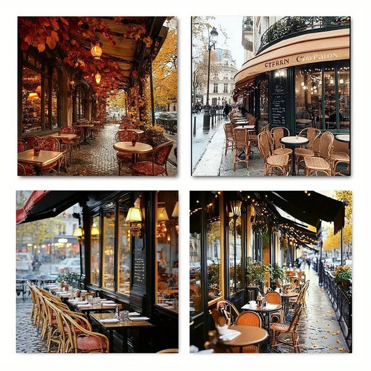 4pcs Autumnal Street Cafe Wall Art Canvas Framed