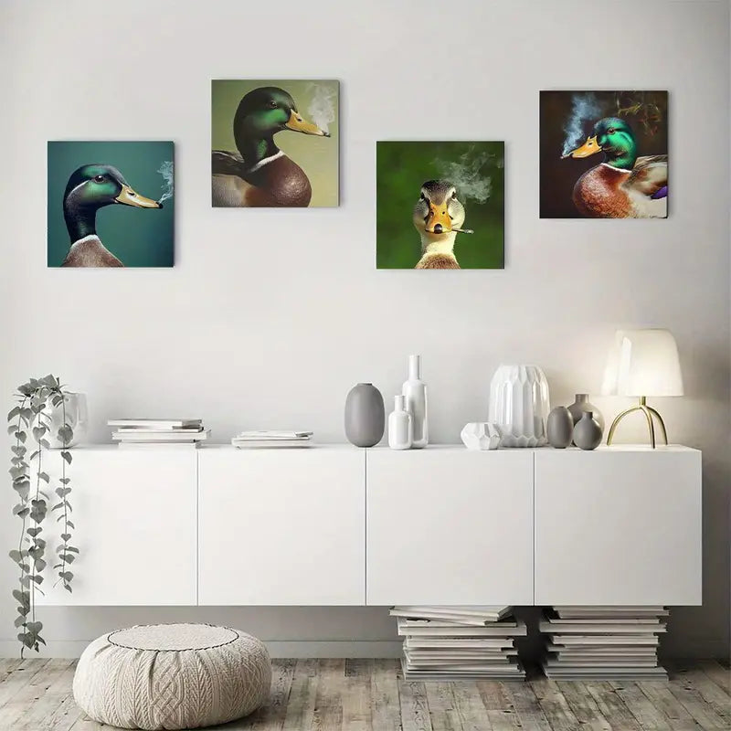 4pcs Funny Mallard Smoking Cigarette Vintage Duck Wall Art Canvas Framed