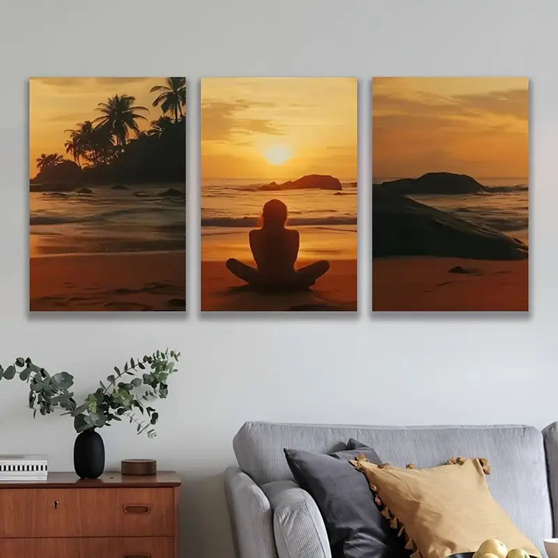 3pcs Sunset Beach Meditation Poster Wall Art Set Canvas Framed 50x70cm - High Quality Print 100% Australian Made Wall Canvas Ready to Hang