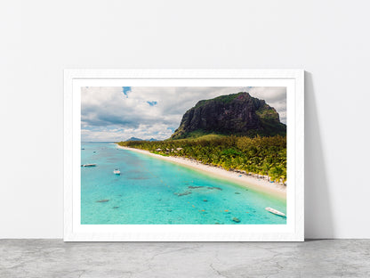 Beach With Le Morne Mountain Glass Framed Wall Art, Ready to Hang Quality Print With White Border White