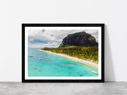 Beach With Le Morne Mountain Glass Framed Wall Art, Ready to Hang Quality Print With White Border Black