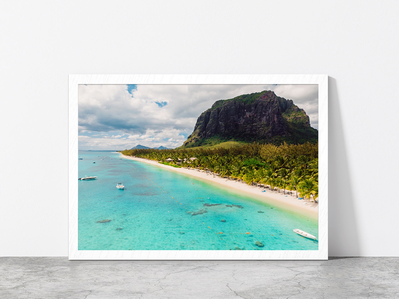 Beach With Le Morne Mountain Glass Framed Wall Art, Ready to Hang Quality Print Without White Border White