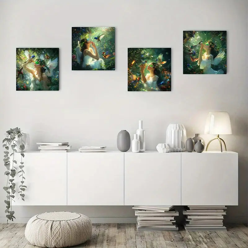 4pcs  Fairy Garden Decor Wall Art Canvas Framed