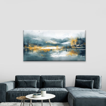 Mountain Lake Blue Grey Yellow Wall Art Canvas Office Home Room Framed 120x60cm