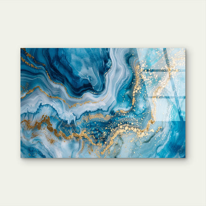 Blue Gold Abstract Fluid Ink Painting Acrylic Glass Printing Wall Art Australian Made Quality