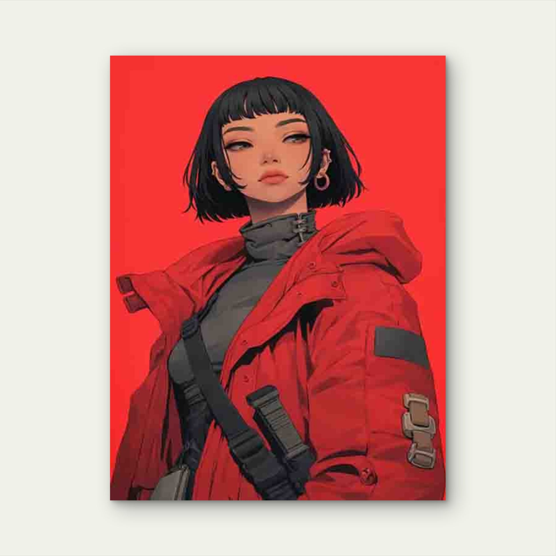 Anime Style Girl With Red Jacket Portrait 60x90cm Metal Print Ready to Hang - Bella Home Decor