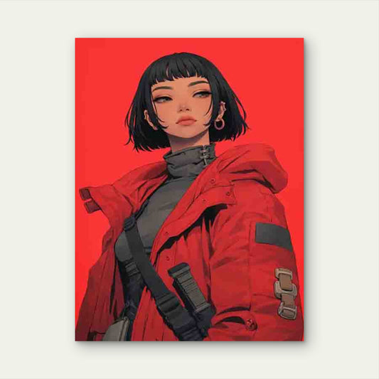 Anime Style Girl With Red Jacket Portrait 60x90cm Metal Print Ready to Hang