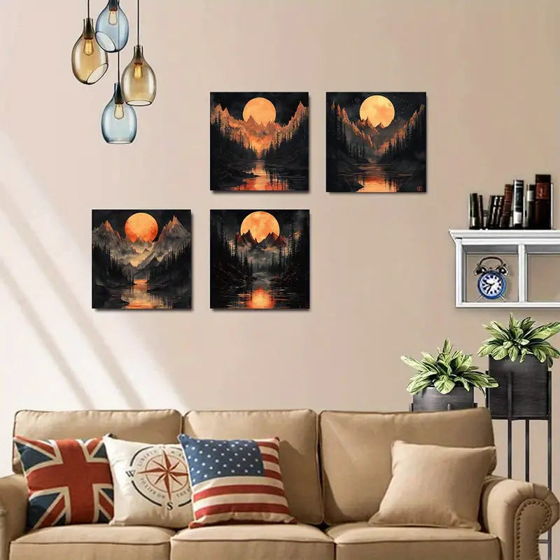 4pcs Golden Twilight Mountain Landscape Wall Art Canvas Framed