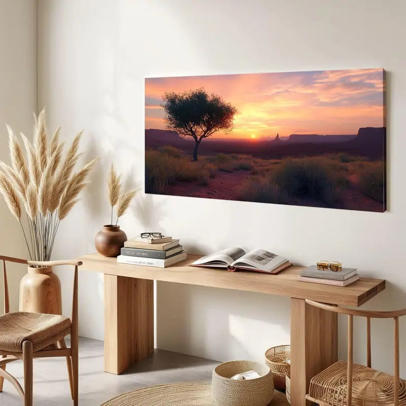 Dawn Scenery Single Tree Grass & Distant Mountains Wall Art canvas office home room framed 120x60cm - Bella Home Decor