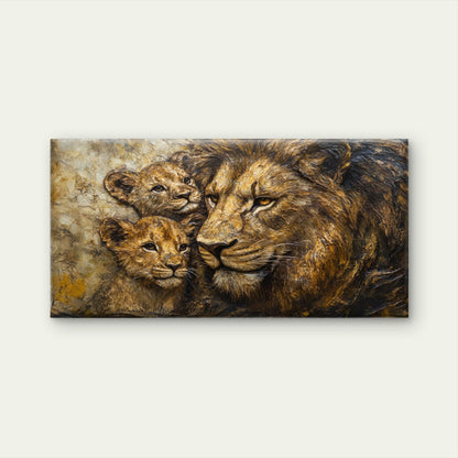 Modern Textured Bronze Lion and Cubs Wall Art Canvas Office Home Framed 120x60cm