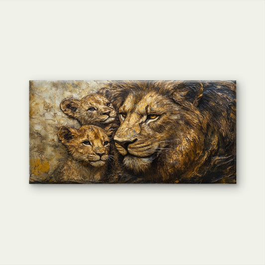 Modern Textured Bronze Lion and Cubs Wall Art Canvas Office Home Framed 120x60cm