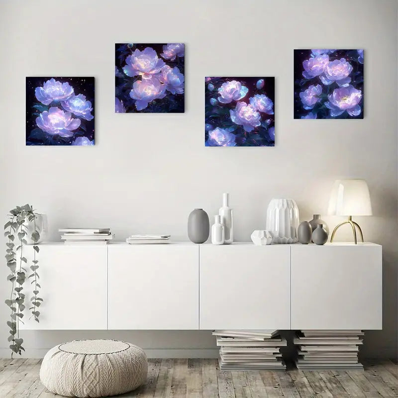 4pcs Vibrant Blue & Purple Peonies With Glowing Wall Art Canvas Framed