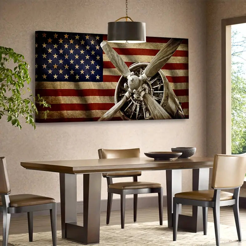 Vintage American Flag Airplane Propeller Wall Art canvas office home room framed 120x60cm - Bella Home Decor