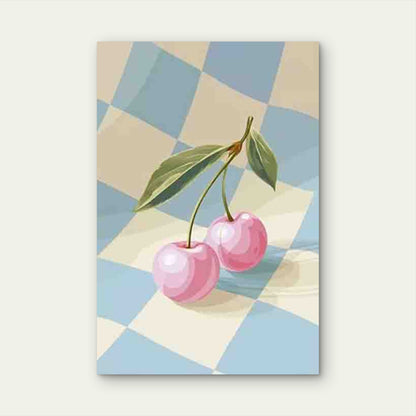 Pink Cherries on Checkerboard Metal Print Ready to Hang