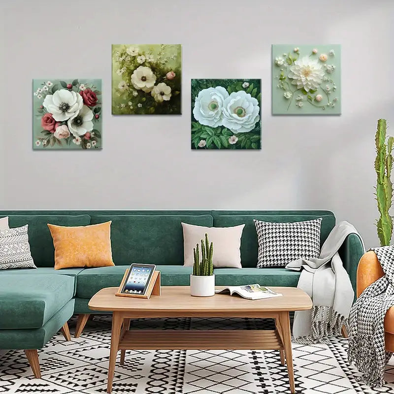 4pcs Flowers Square White Peony Wall Art Canvas Framed