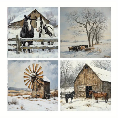 4pcs Horses, Barns, Windmills, Tree Wall Art Canvas Framed