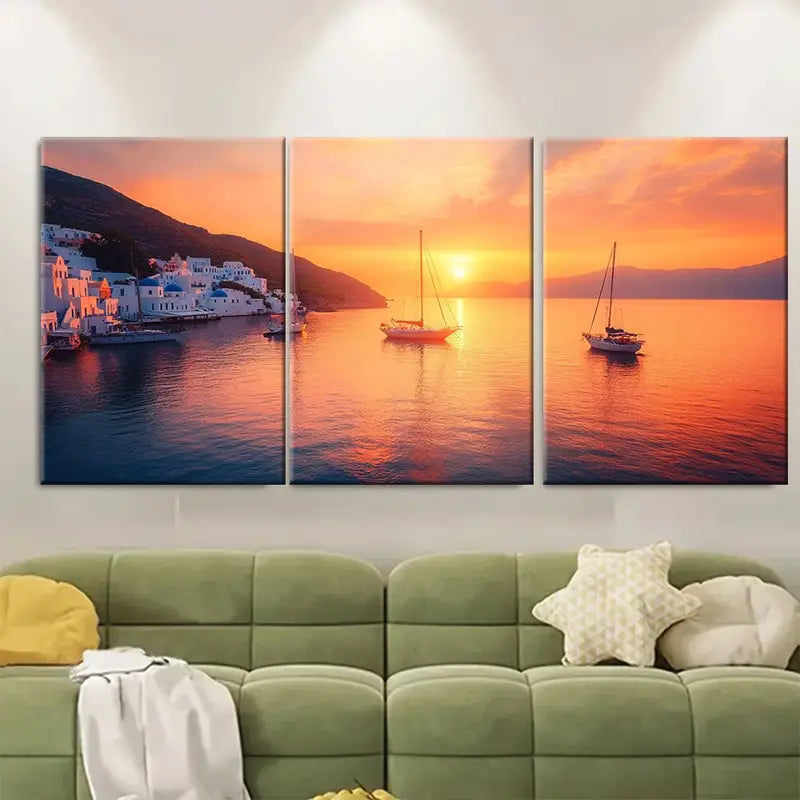 3pcs Greek Islands Romantic Sunset Art Wall Art Set Canvas Framed 60x90cm - High Quality Print 100% Australian Made Wall Canvas Ready to Hang