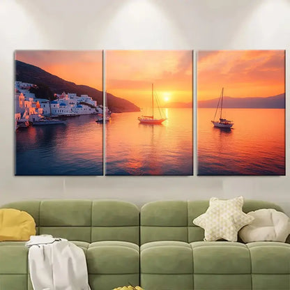3pcs Greek Islands Romantic Sunset Art Wall Art Set Canvas Framed 60x90cm - High Quality Print 100% Australian Made Wall Canvas Ready to Hang
