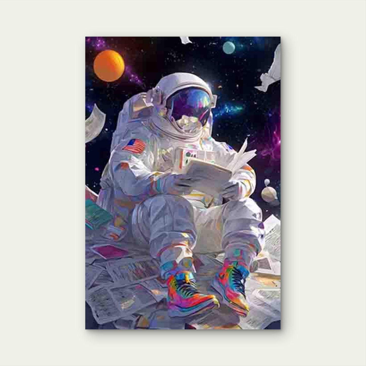 Astronaut Reading in Space 60x90cm Metal Print Ready to Hang - Bella Home Decor