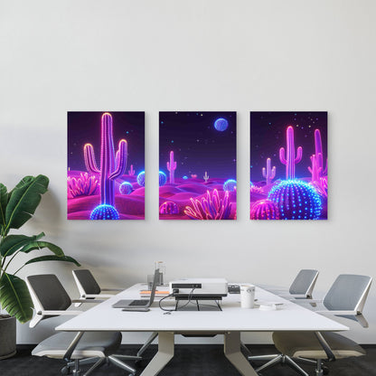 3pcs Vibrant Neon Cactus Desert Metal Print Ready to Hang Art
