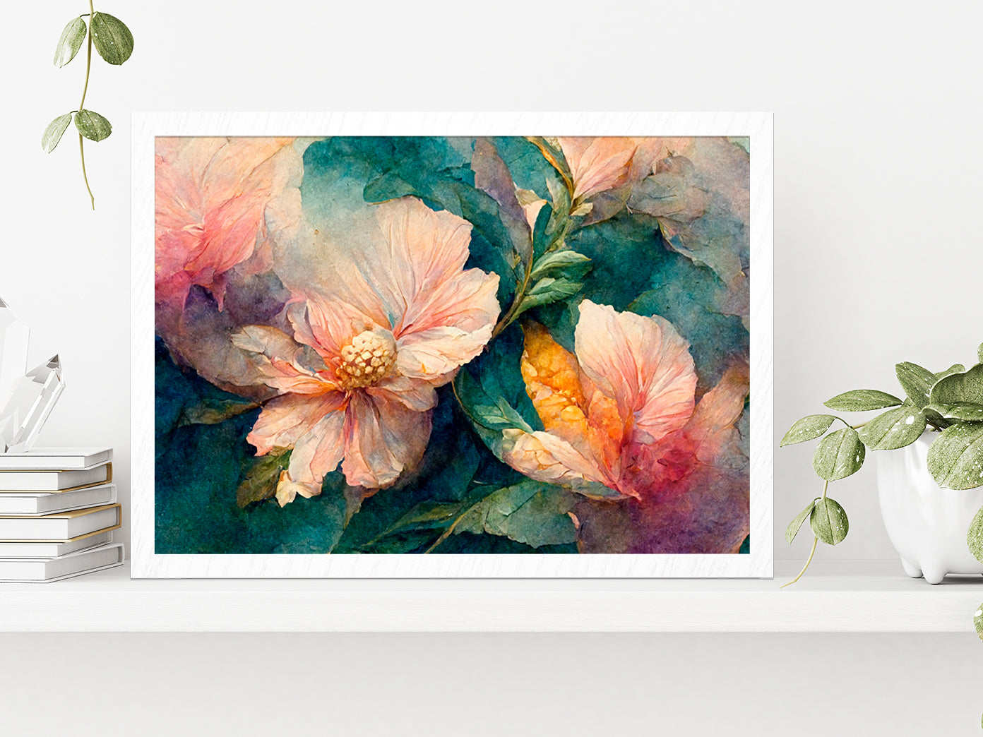 Watercolor Floral Painting Glass Framed Wall Art, Ready to Hang Quality Print Without White Border White