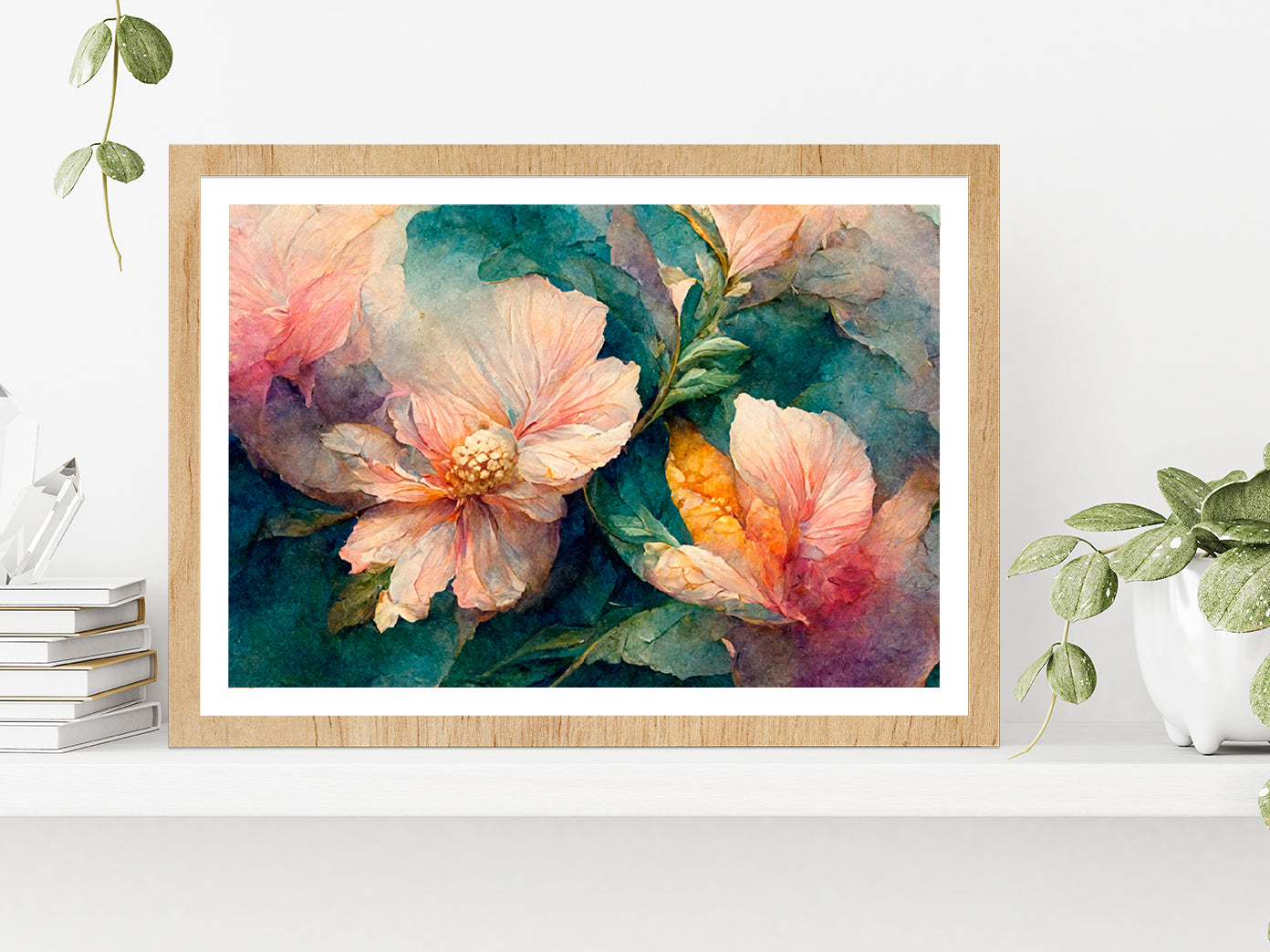 Watercolor Floral Painting Glass Framed Wall Art, Ready to Hang Quality Print With White Border Oak