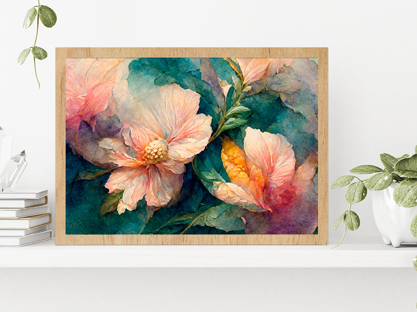 Watercolor Floral Painting Glass Framed Wall Art, Ready to Hang Quality Print Without White Border Oak