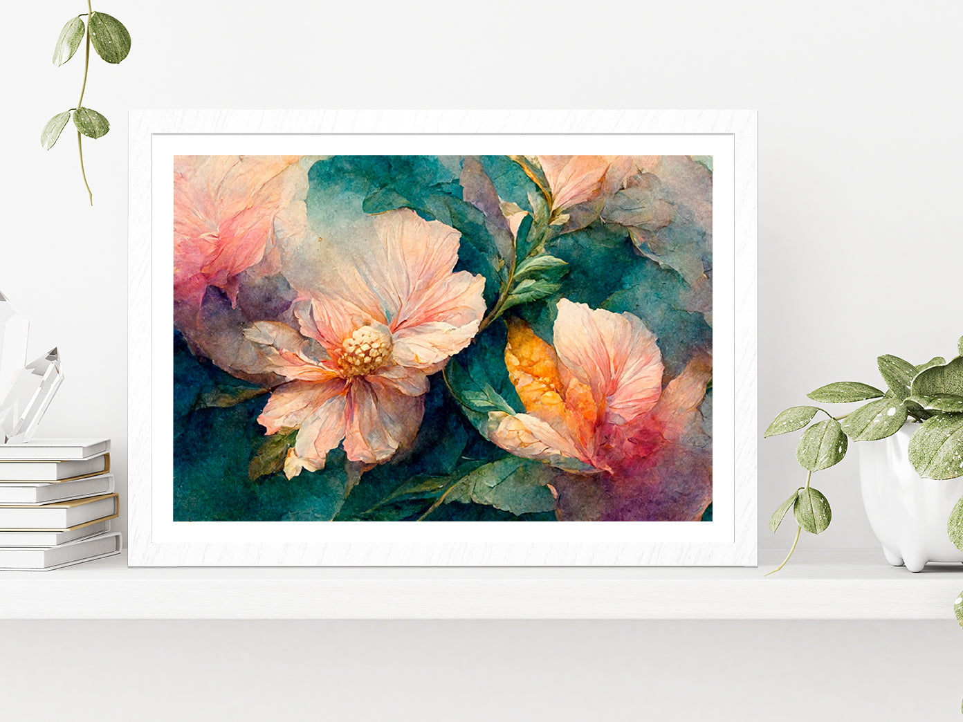 Watercolor Floral Painting Glass Framed Wall Art, Ready to Hang Quality Print With White Border White