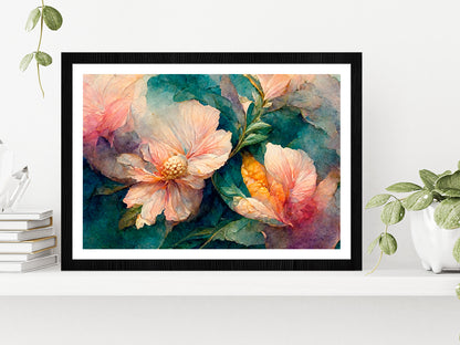 Watercolor Floral Painting Glass Framed Wall Art, Ready to Hang Quality Print With White Border Black