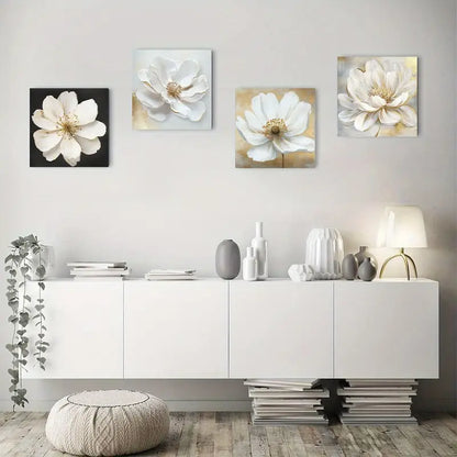 4pcs Elegant White FlowerWall Art Canvas Framed