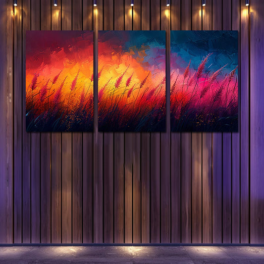 3pcs Vibrant Abstract Tall Grass Scene at Sunset Wall Art Set Canvas Framed 50x70cm - High Quality Print 100% Australian Made Wall Canvas Ready to Hang